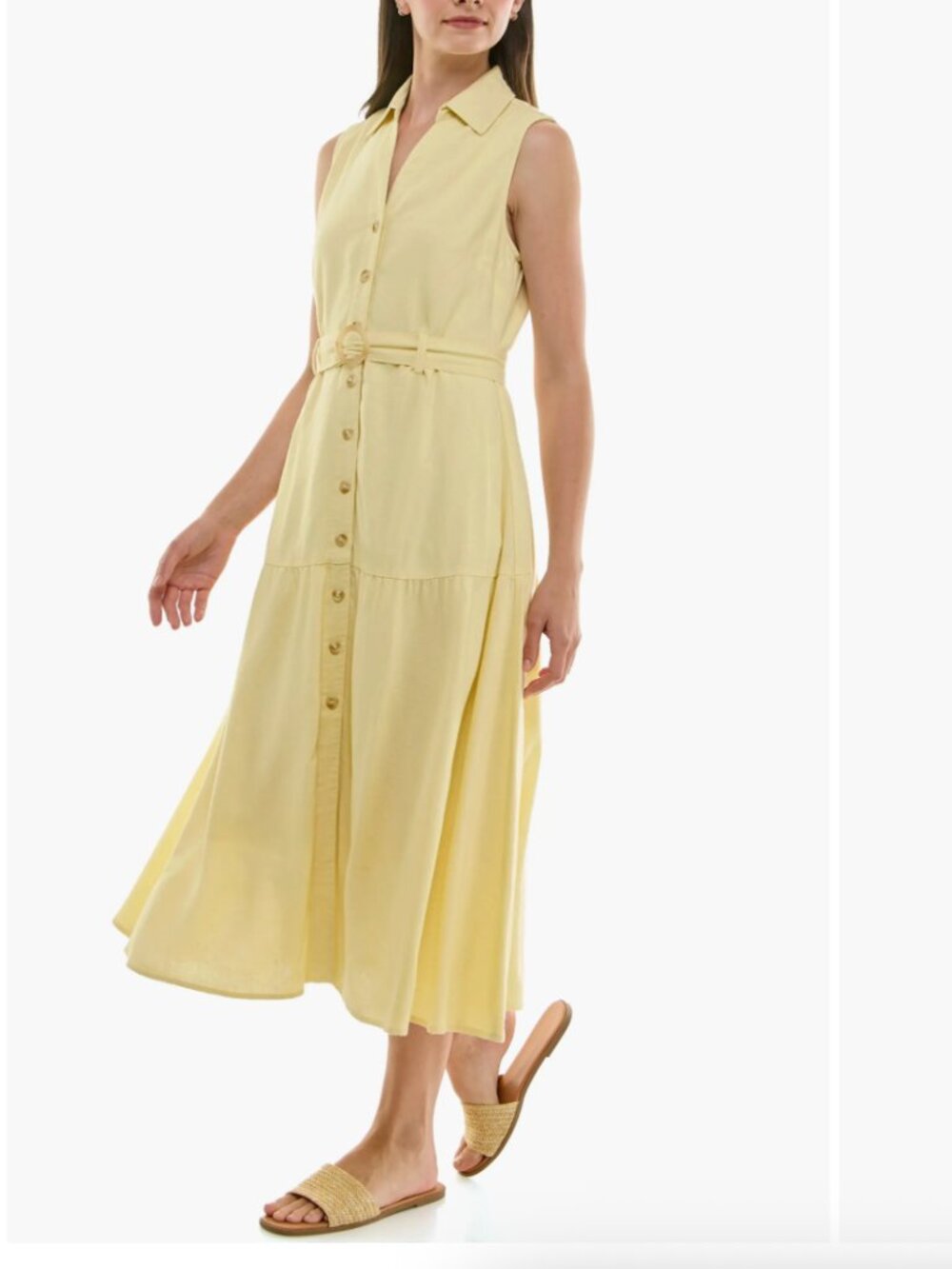 Nicole Miller Yellow Linen Blend Belted Collared Midi Sleeveless Shirt Dress XL - Picture 2 of 11